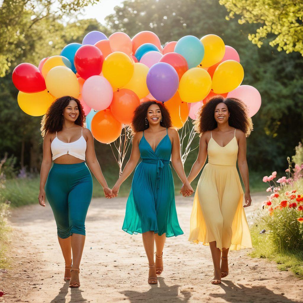 A diverse group of women of different body shapes celebrating together in a vibrant outdoor setting, showcasing their natural curves with confidence. The scene is filled with colorful balloons and flowers, embodying joy and empowerment. Soft sunlight bathes the scene, creating a warm and inviting atmosphere. The women wear stylish, flowing outfits that highlight their individuality. artistic photography. vibrant colors. soft focus.