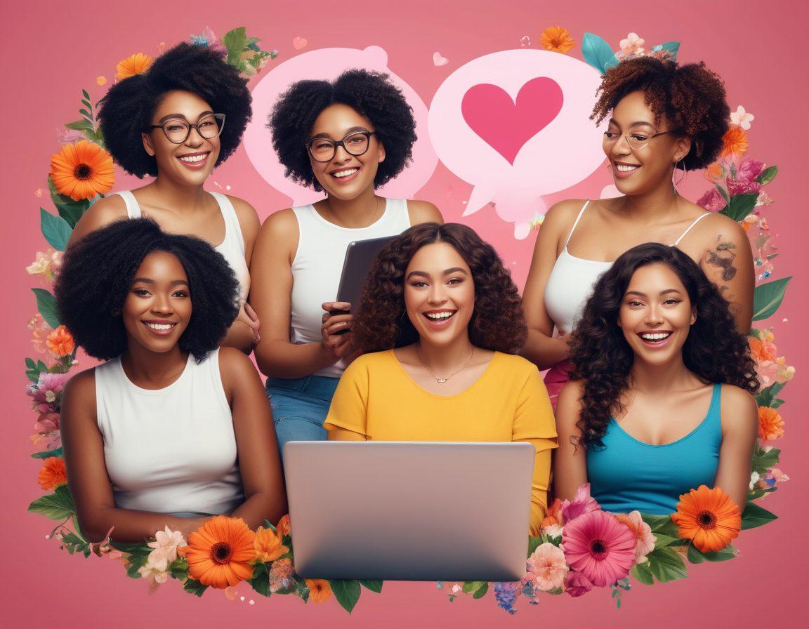 A lively online conversation scene featuring a diverse group of women of various body types, joyfully engaging over laptops and tablets. Emphasize their radiant smiles and confidence, surrounded by feminine symbols like flowers and hearts. The background should reflect a warm, inviting digital space filled with colorful chat bubbles. super-realistic. vibrant colors. soft focus.